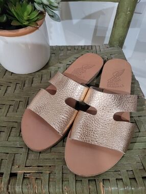 Ancient Greek Women's Apteros Flat Metallic Rose Slide Sandals Size 8 US, 38 EUR
